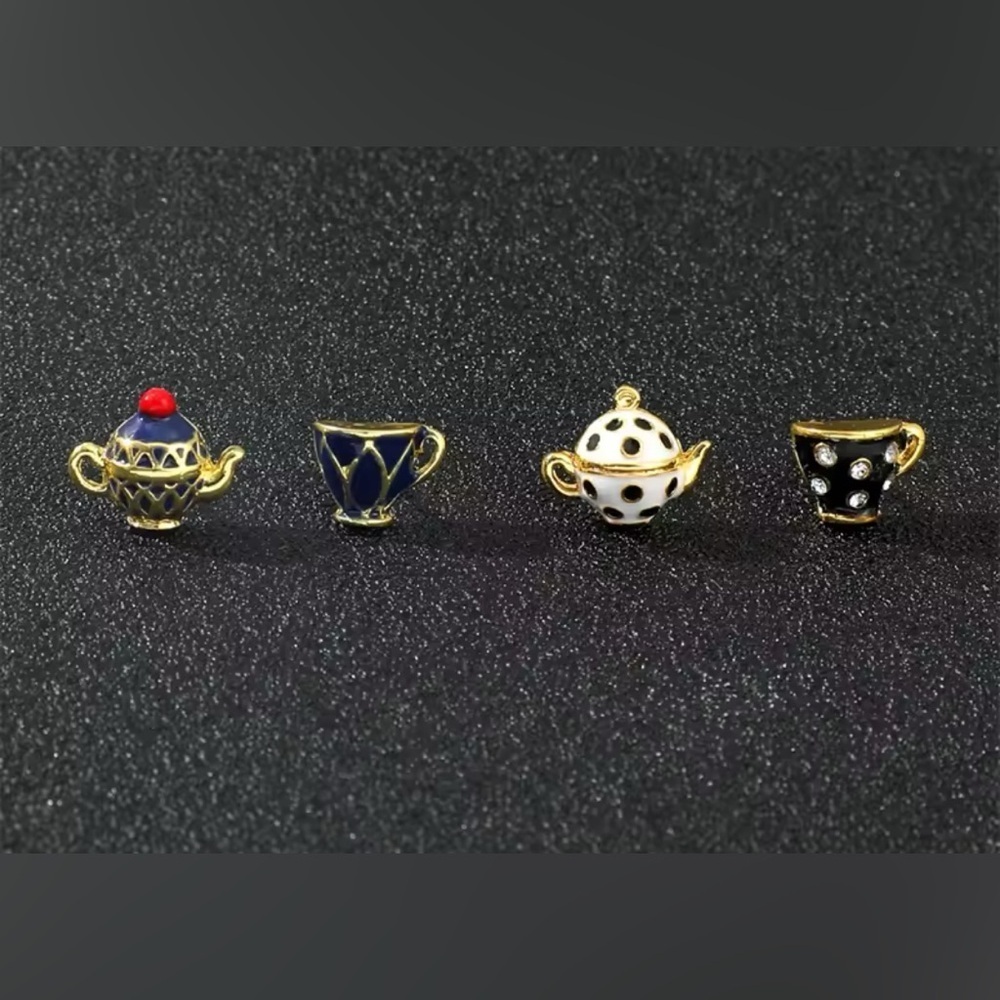 Alice In Wonderland Gold Enameled Black & White Teapot & Teacup Stud Earrings - Picture 10 of 10
